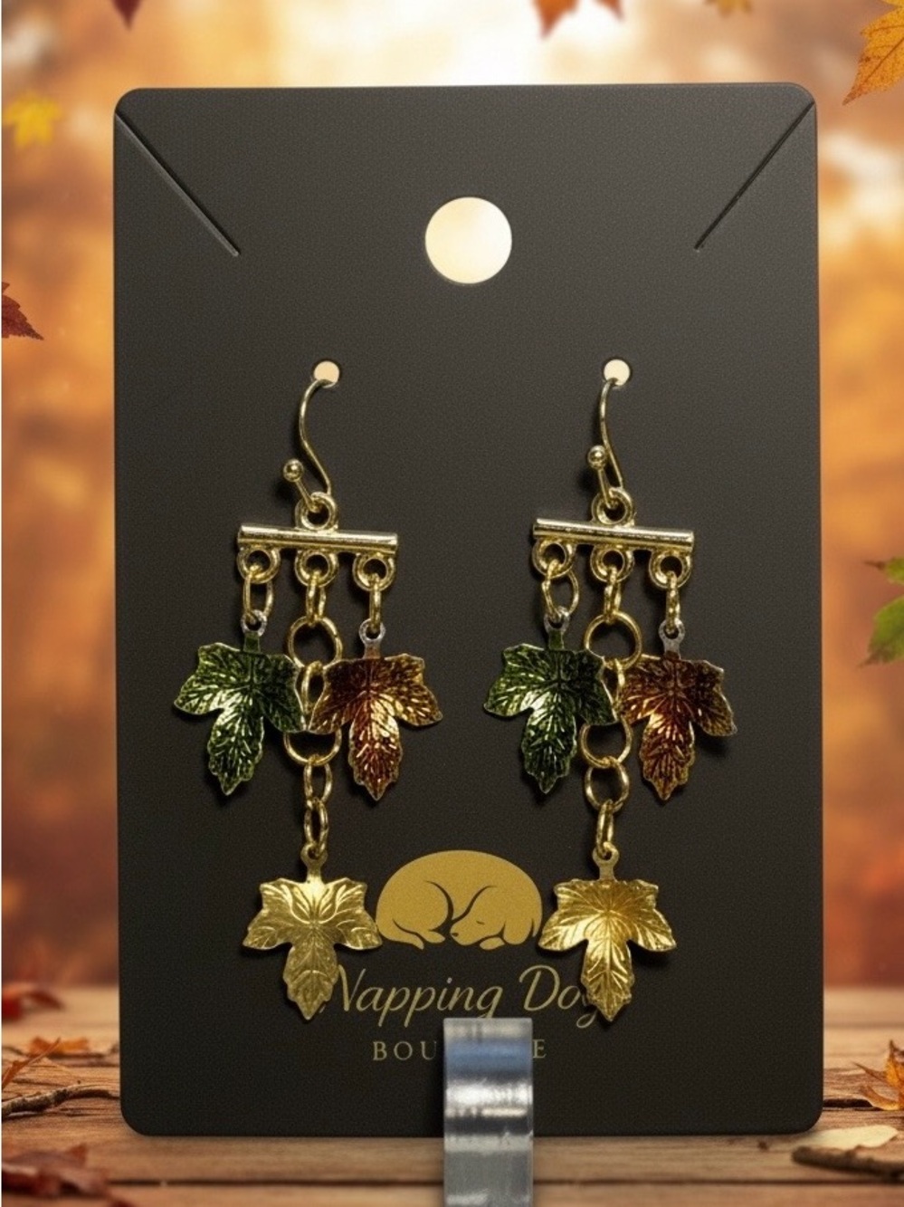 Autumn Leaf Chandelier Earrings – Gold-Tone Green & Copper Dangles